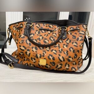 MCM Tan and Black Leopard Print Tote